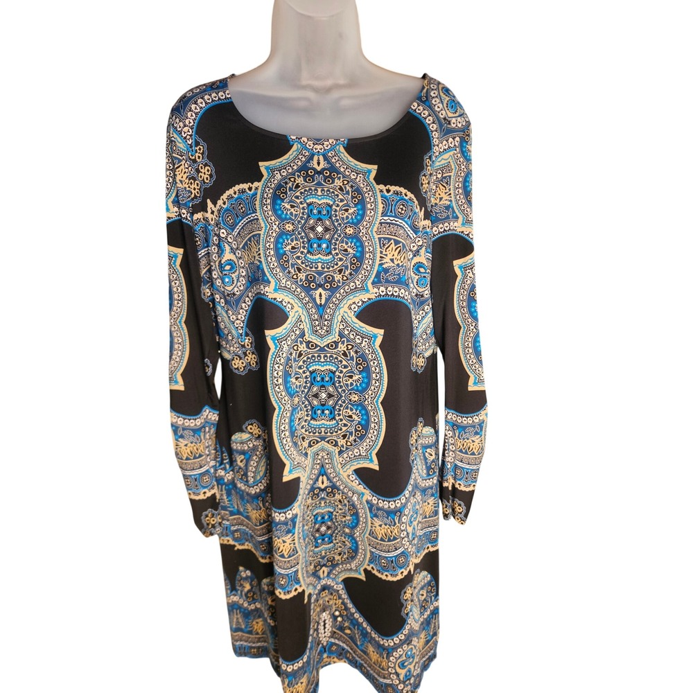 INC International Concepts Paisley Medallion Rhinestone Shift Dress Black Blue L - Picture 2 of 6
